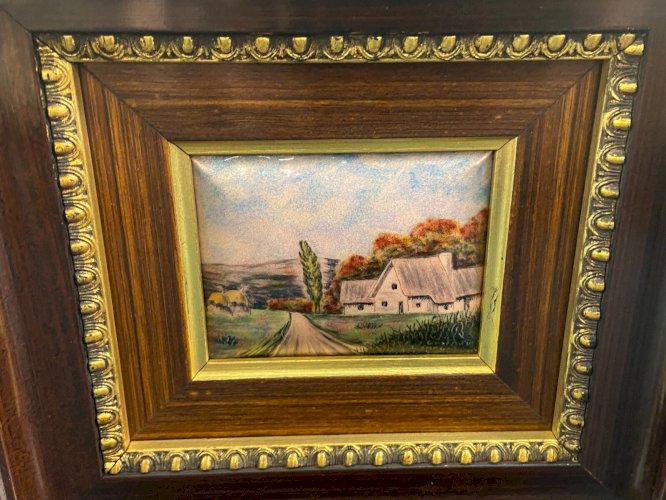 Plaque émaillée Emaux d'Art de Limoges signée E.-J. Guitard paysage à la ferme