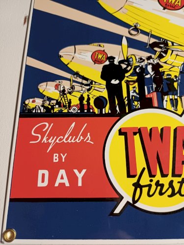Plaque émaillée TWA FIRST SUPER SKYLINERS  35 x 22 cm