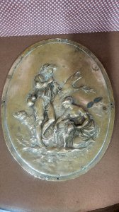 PLAQUE EN BRONZE MEDAILLON OVALE EN RELIEF LE BERGER ET LA BERGERE