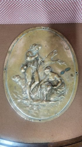 PLAQUE EN BRONZE MEDAILLON OVALE EN RELIEF LE BERGER ET LA BERGERE