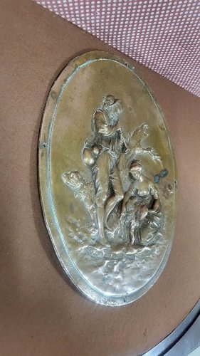 PLAQUE EN BRONZE MEDAILLON OVALE EN RELIEF LE BERGER ET LA BERGERE