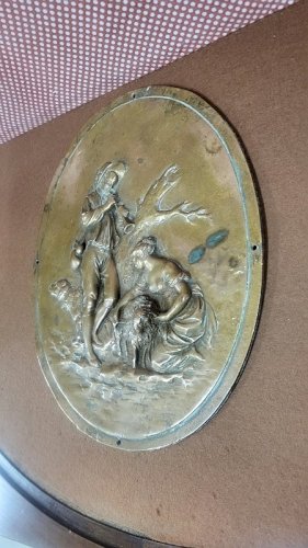 PLAQUE EN BRONZE MEDAILLON OVALE EN RELIEF LE BERGER ET LA BERGERE