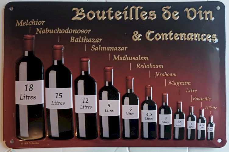 Plaque métal Bouteilles de Vin & Contenances  30 x 20 cm