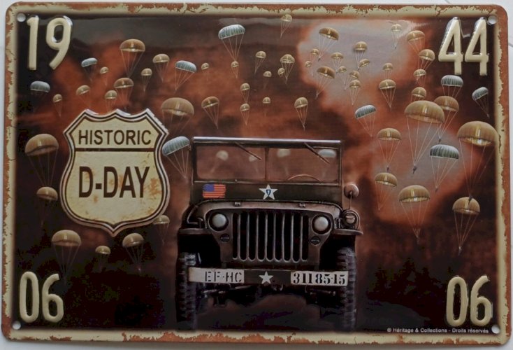 Plaque métal HISTORIC D DAY 1944 JEEP - 30 x 20 cm