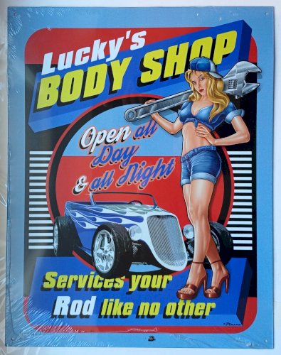Plaque métal LUCKY'S BODY SHOP hot rod pin up  40 x 30 cm déco USA