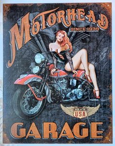 Plaque métal MOTORHEAD GARAGE pin up moto - 40 x 30 cm déco vintage USA