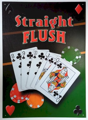 Plaque métal POKER STRAIGHT FLUSH - 44 X 32 cm déco vintage USA