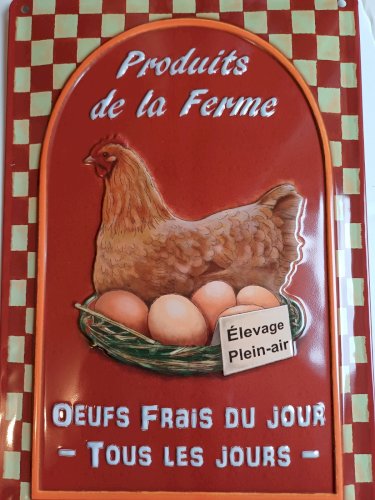 Plaque métal Produits de la Ferme Poule Oeufs  - 30 x 20 cm