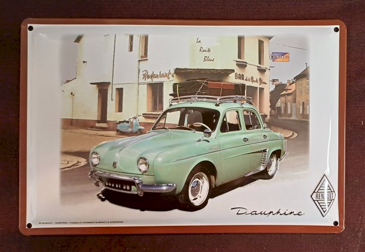 Plaque métal vintage RENAULT DAUPHINE la Route Bleue 30 x 20 cm