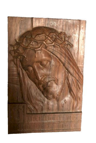 plaque murale relief en bois  tete de Jesus christ sculpté dévotion artisanat