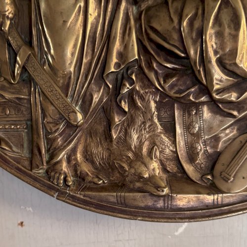 Plaque ronde murale en bronze XIXe scène à l'Antique M3692