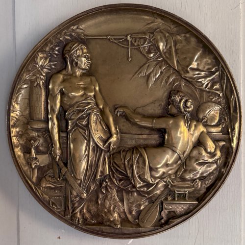 Plaque ronde murale en bronze XIXe scène à l'Antique M3692