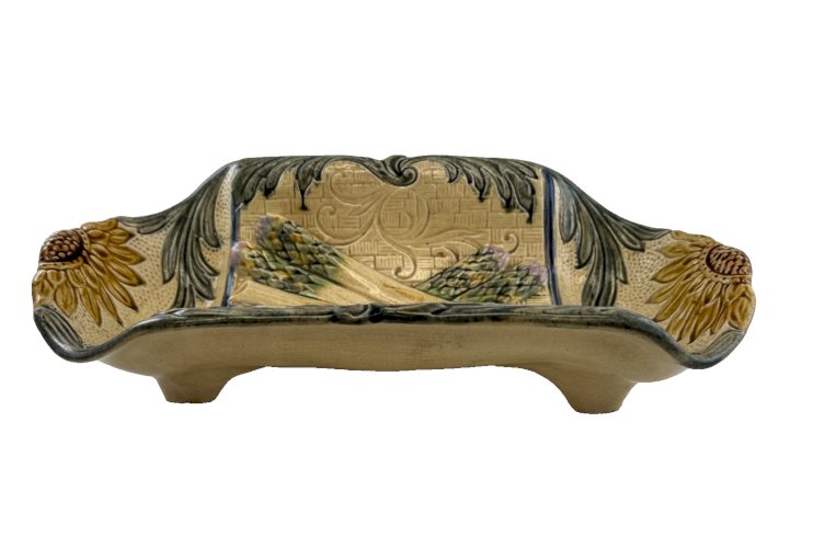 Plat à asperges en barbotine Wasmuël 1880 – Faïence belge décor en relief