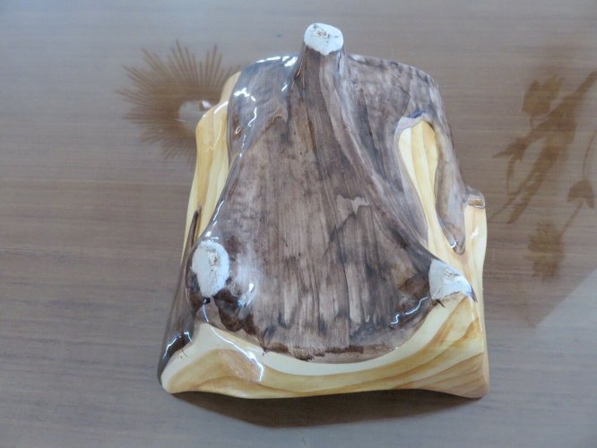 PLAT A ASPERGES TRIPODE EN CERAMIQUE ASPECT FAUX BOIS VALLAURIS ANNEES 50 60