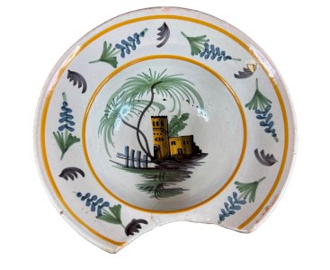 Beard dish Nevers 19th century earthenware decorated with a blue palm tree castle from the 19th century