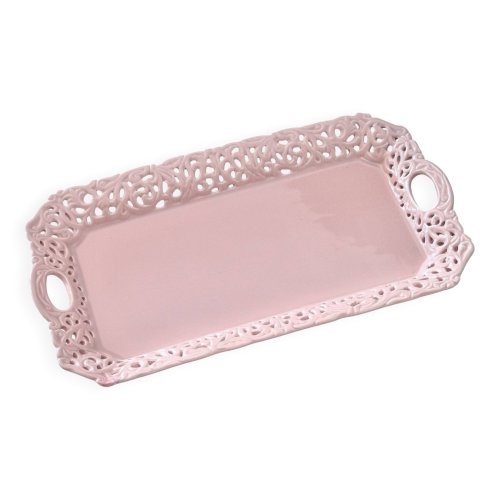 Plat à cake ancien en faïence ajourée dentelle rose