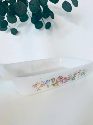 Plat à Gratin Vintage Opaline Décor Fleurs Champêtre Années 70