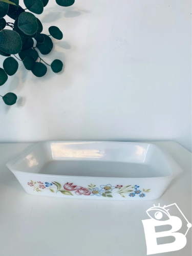 Plat à Gratin Vintage Opaline Décor Fleurs Champêtre Années 70