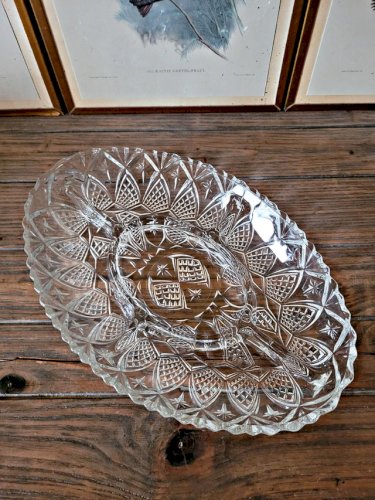 Plat apéritif vintage en verre ciselé, serviteur 5 compartiments