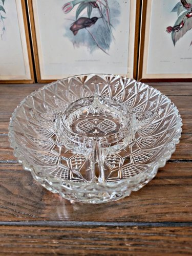 Plat apéritif vintage en verre ciselé, serviteur 5 compartiments
