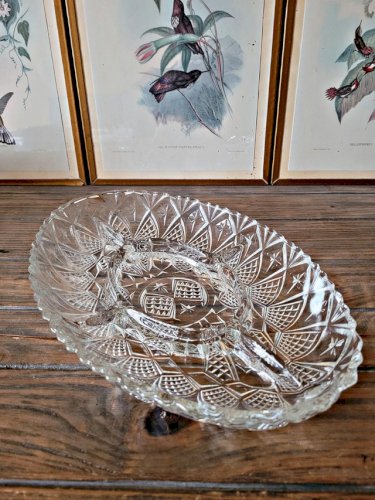 Plat apéritif vintage en verre ciselé, serviteur 5 compartiments