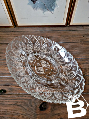 Plat apéritif vintage en verre ciselé, serviteur 5 compartiments