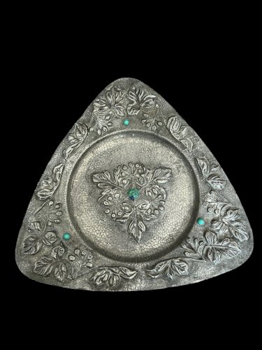 Plat Art Nouveau Ancien 1900 Etain Pate De Verre Floral Antiquité