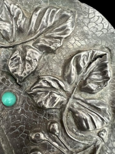 Plat Art Nouveau Ancien 1900 Etain Pate De Verre Floral Antiquité