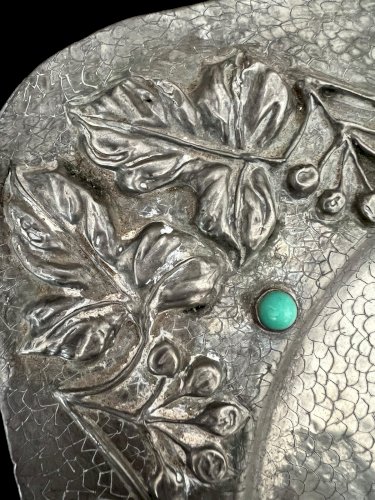 Plat Art Nouveau Ancien 1900 Etain Pate De Verre Floral Antiquité
