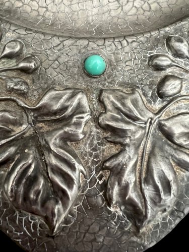 Plat Art Nouveau Ancien 1900 Etain Pate De Verre Floral Antiquité