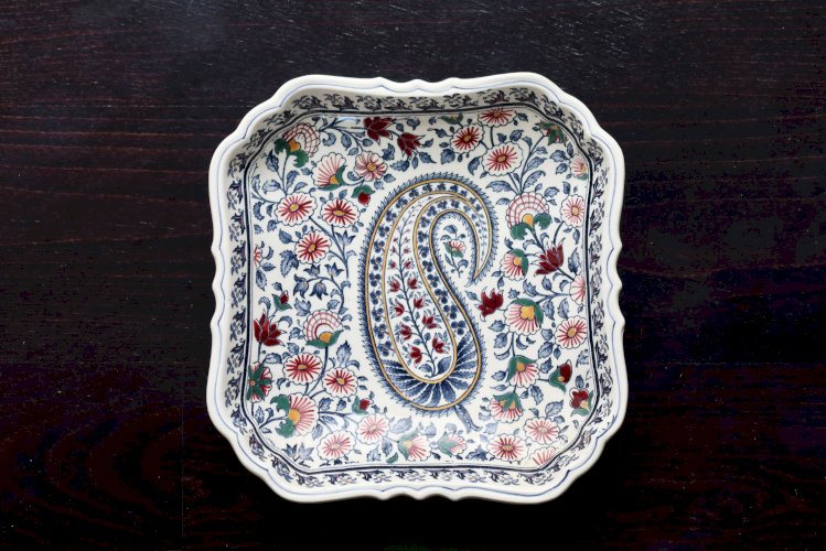 Plat carré creux vintage Gien faïence motif cachemire années 60