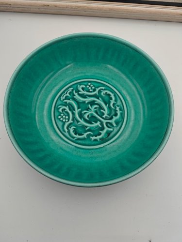 Plat creux / coupe vintage Magdalithe Art déco – céramique émaillée turquoise à dé