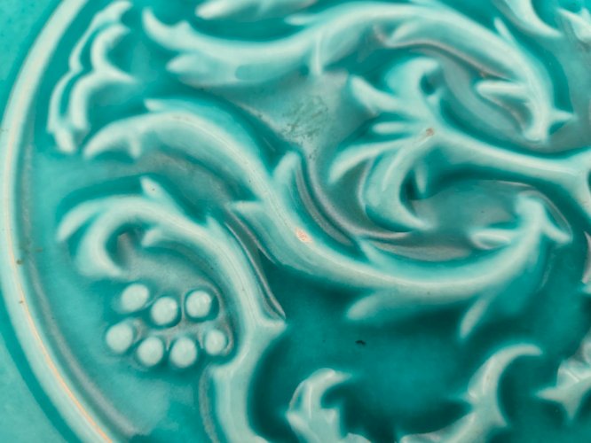 Plat creux / coupe vintage Magdalithe Art déco – céramique émaillée turquoise à dé