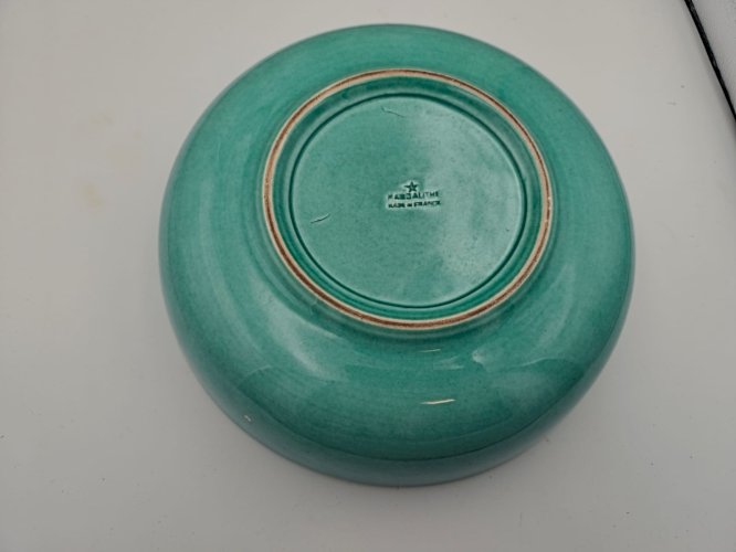 Plat creux / coupe vintage Magdalithe Art déco – céramique émaillée turquoise à dé