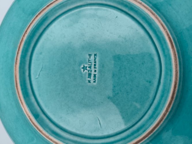 Plat creux / coupe vintage Magdalithe Art déco – céramique émaillée turquoise à dé