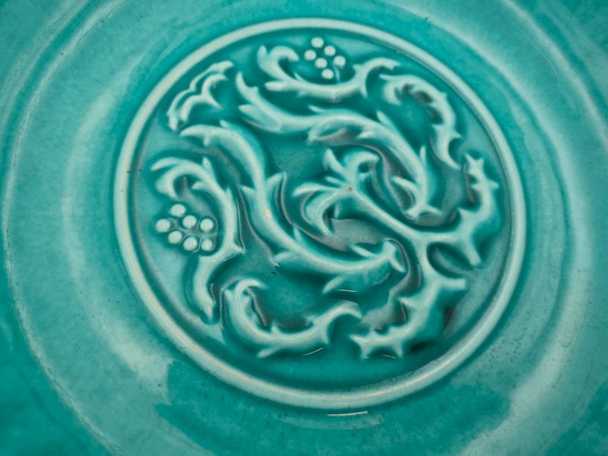 Plat creux / coupe vintage Magdalithe Art déco – céramique émaillée turquoise à dé