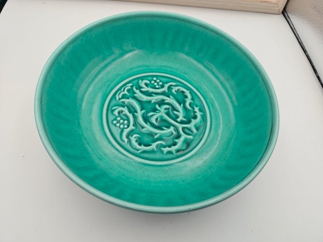 Plat creux / coupe vintage Magdalithe Art déco – céramique émaillée turquoise à dé