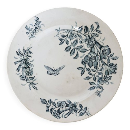 Plat de service ancien faïence de Badonviller Jasmin décor fleuri papillon