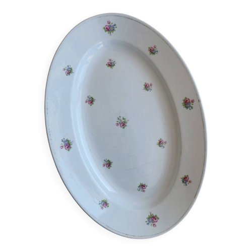 Plat de service ovale ancien faïence bleu pâle décor petites fleurs