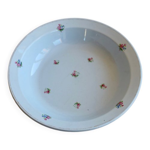 Plat de service rond ancien faïence bleu pâle décor petites fleurs – Moulin