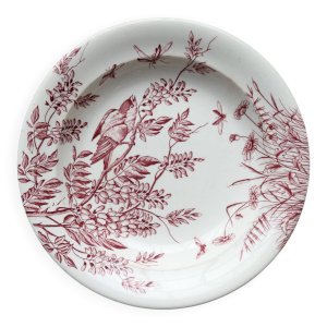 Plat de service rond ancien terre de fer S&G - Décor oiseaux et végétation