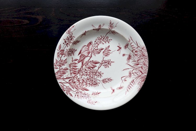 Plat de service rond ancien terre de fer S&G - Décor oiseaux et végétation