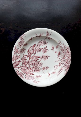 Plat de service rond ancien terre de fer S&G - Décor oiseaux et végétation