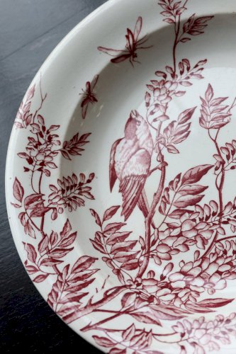 Plat de service rond ancien terre de fer S&G - Décor oiseaux et végétation