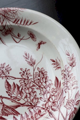 Plat de service rond ancien terre de fer S&G - Décor oiseaux et végétation