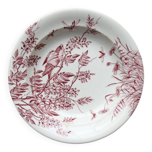 Plat de service rond ancien terre de fer S&G - Décor oiseaux et végétation