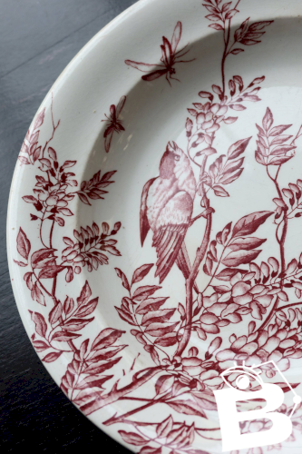 Plat de service rond ancien terre de fer S&G - Décor oiseaux et végétation