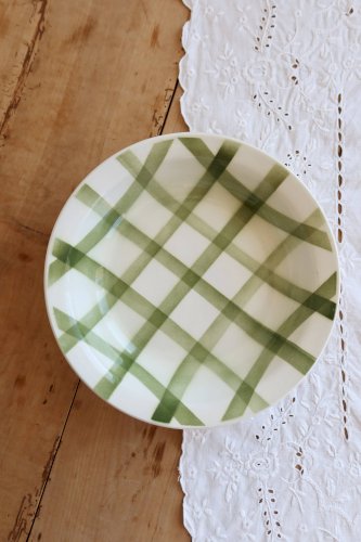 Plat de service rond creux vintage faïence -  Modèle Nappe vert