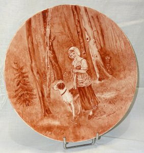 DECORATIVE PORCELAIN PLATE decor YOUNG PEASANT GIRL & HER DOG Signed H.COSTES D