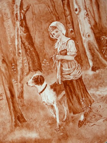 - PLAT DECORATIF PORCELAINE  déco JEUNE PAYSANNE & SON CHIEN Signé  H.COSTES   D